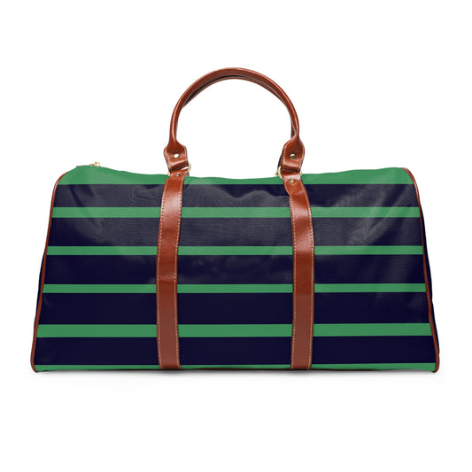 Striped Waterproof Mahj Bag — Navy & Green with Leather Handles