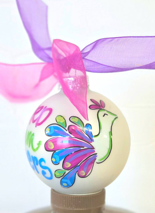 Kirsten in Color - BIrd Mahjong hand painted glass ornament: Coordinating Bow / Clear box / Small