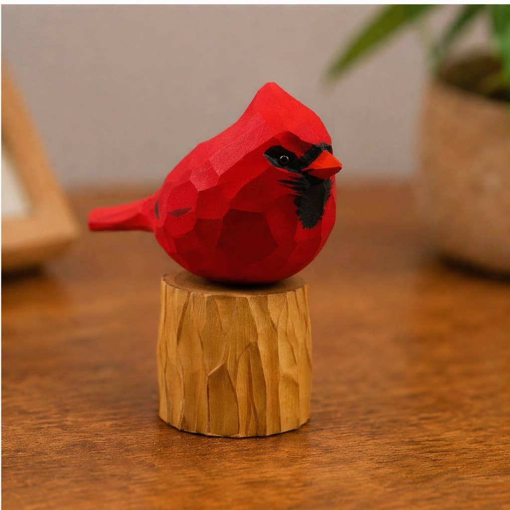 Cardinal on Perch - Hand-Painted Carved Wood Bird