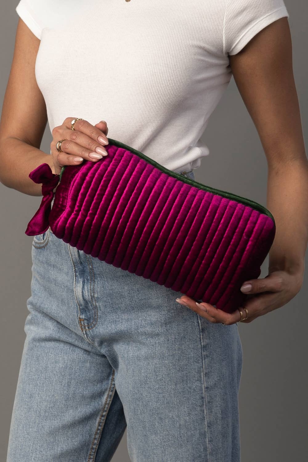 Fuchsia & Green Velvet Ribbed Travel Pouch