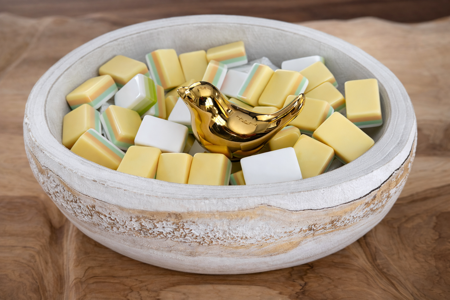Hand Carved Wood Bowl - Mahjong Tiles