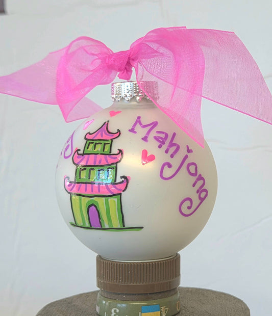 Kirsten in Color - Merry Mahjong hand painted glass ornament: Coordinating Bow / Clear box / Small