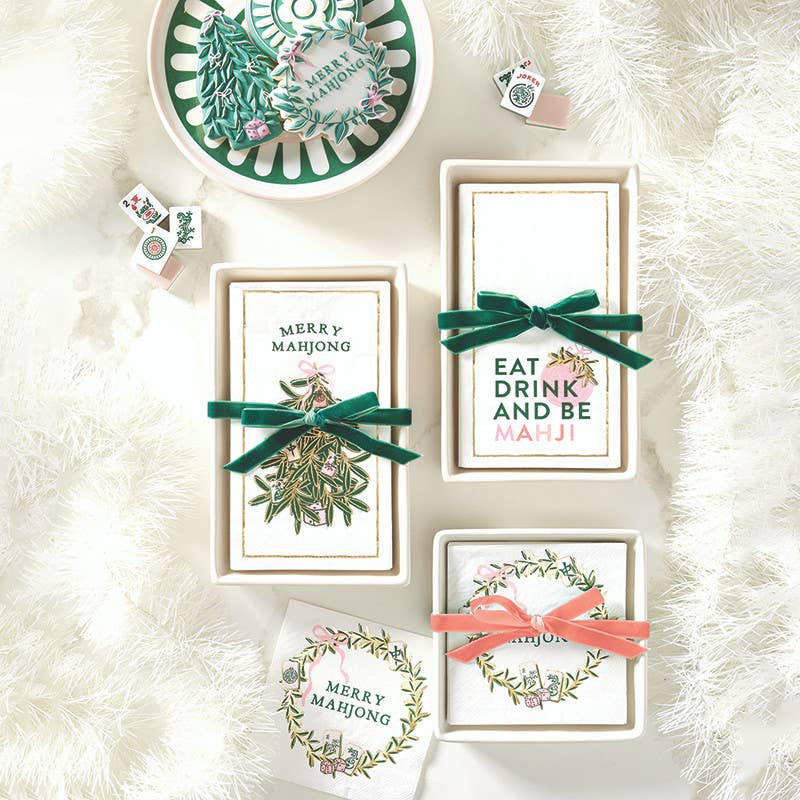 Santa Barbara Design Studio by Creative Brands - Ceramic Guest Napkin Tray + Napkins - Eat Drink and Be Mahji: 17oz, 4.5" H