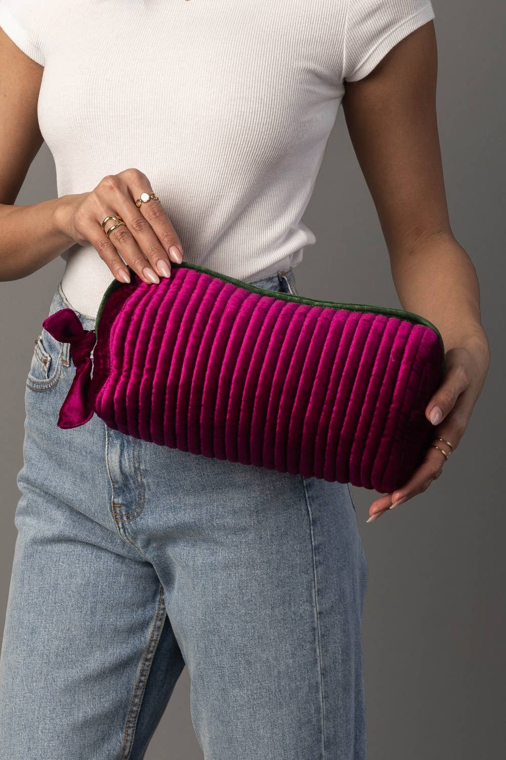 Fuchsia & Green Velvet Ribbed Travel Pouch