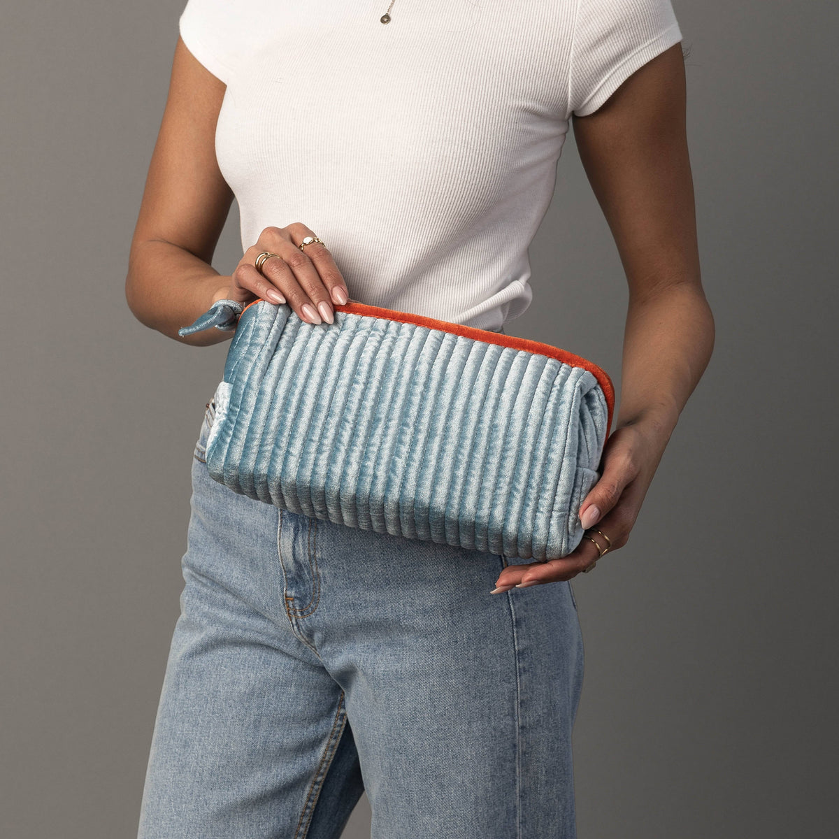 Lt. Blue & Orange Velvet Ribbed Travel Pouch