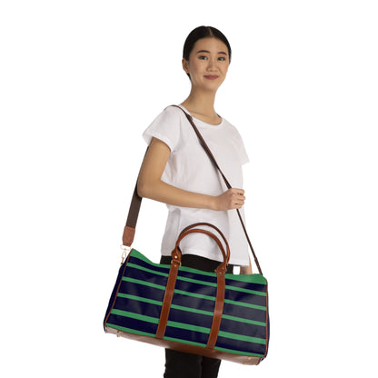 Striped Waterproof Travel Bag — Navy & Green Duffle with Leather Handles