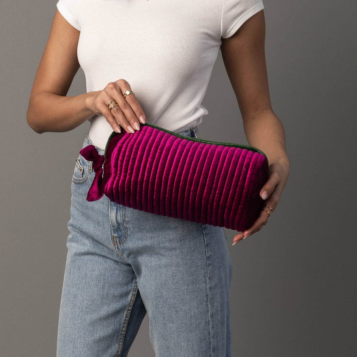 Fuchsia & Green Velvet Ribbed Travel Pouch
