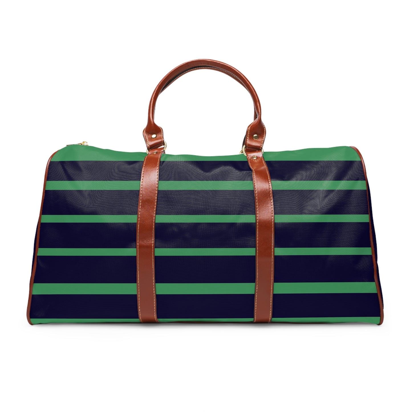 Striped Waterproof Travel Bag — Navy & Green Duffle with Leather Handles