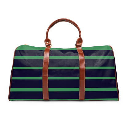 Striped Waterproof Travel Bag — Navy & Green Duffle with Leather Handles