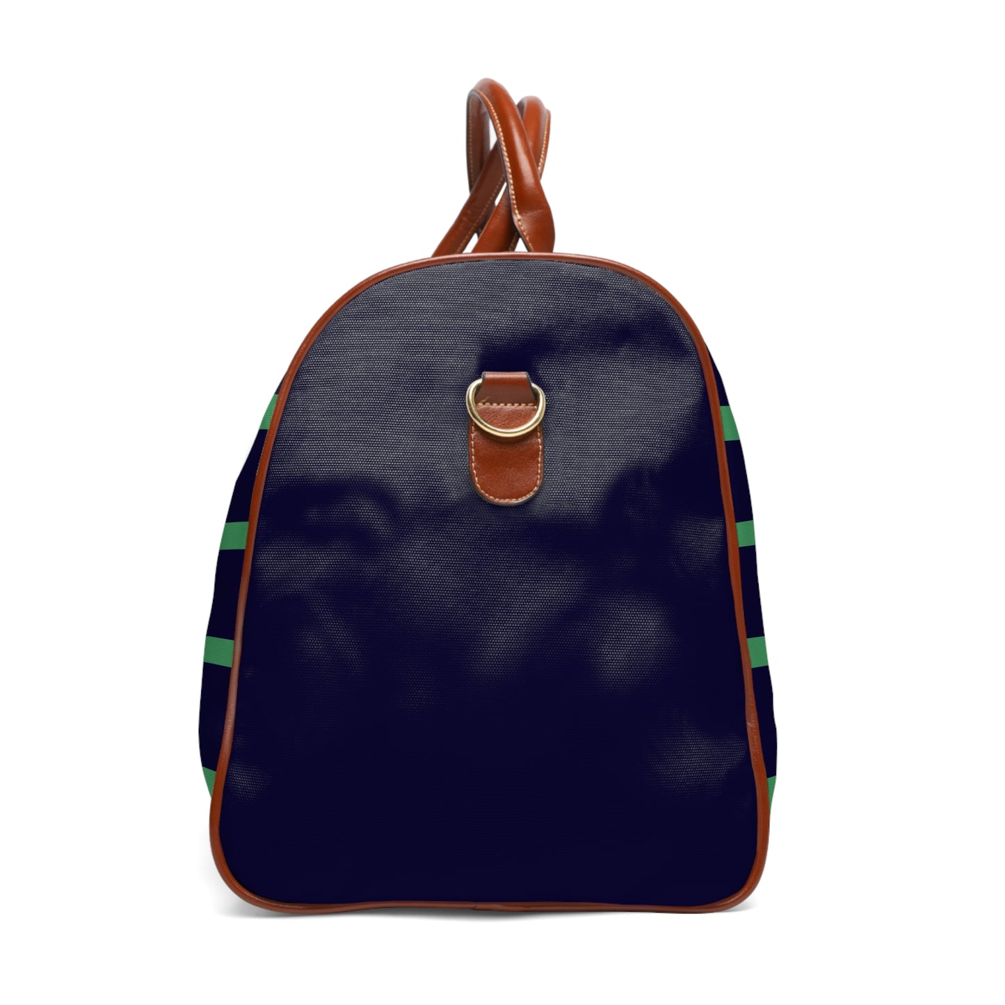 Striped Waterproof Travel Bag — Navy & Green Duffle with Leather Handles