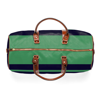 Striped Waterproof Travel Bag — Navy & Green Duffle with Leather Handles