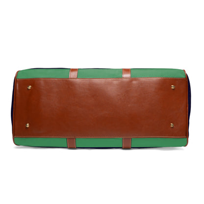 Striped Waterproof Travel Bag — Navy & Green Duffle with Leather Handles