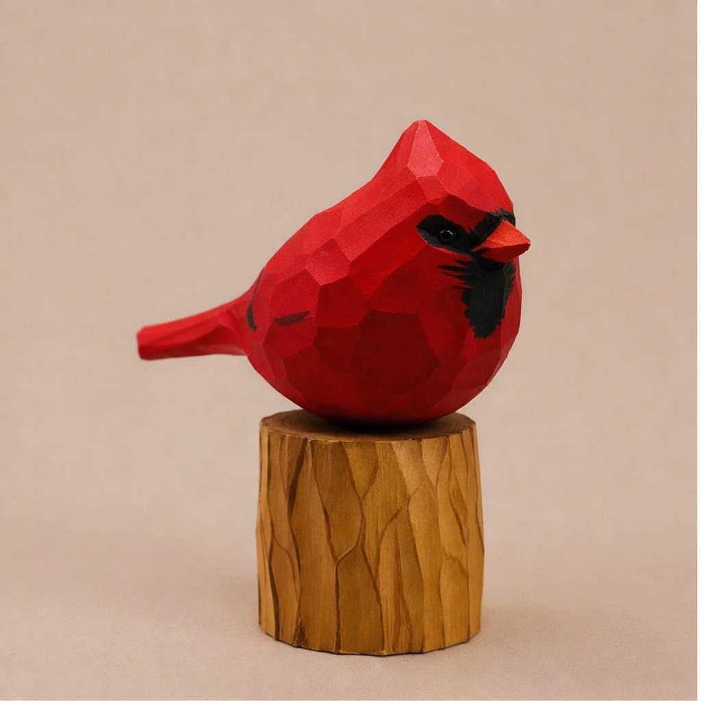 Cardinal on Perch - Hand-Painted Carved Wood Bird