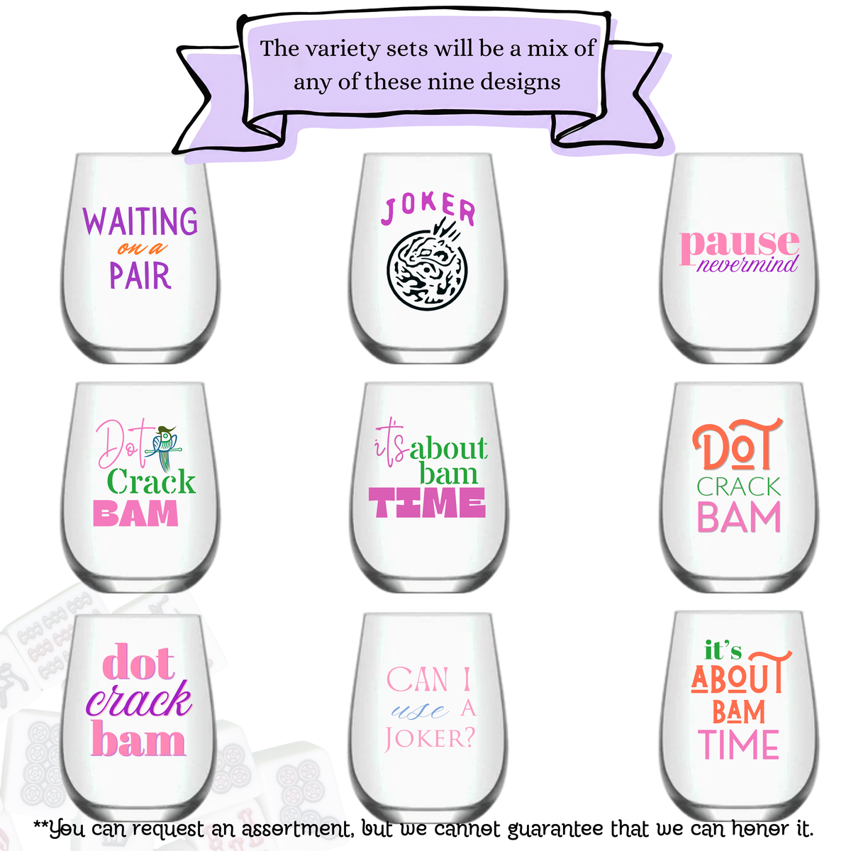 4ct VARIETY Mix Set Plastic Wine Glasses Fabuplates - Mahjong Stemless