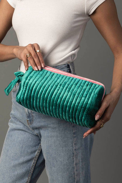 Green & Pink Velvet Ribbed Travel Pouch