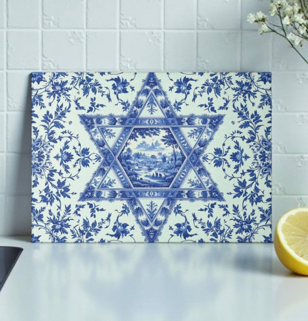 Star Of David Chinoiserie Glass Cutting Board 