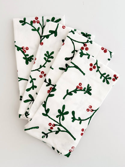 Organic Napkins (set of 4) - Winterberry, Evergreen & Red