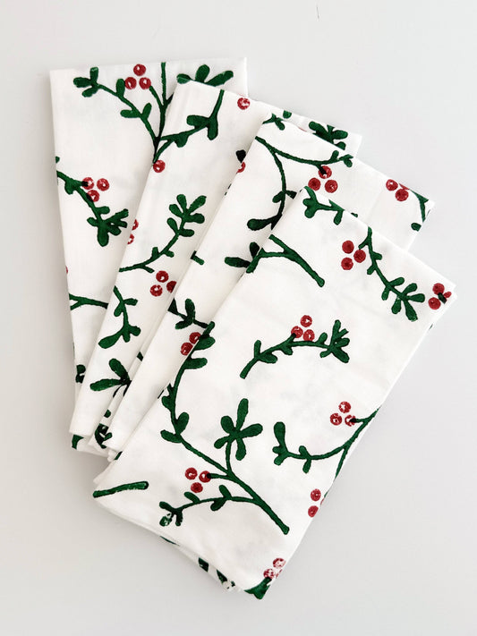 Organic Napkins (set of 4) - Winterberry, Evergreen & Red