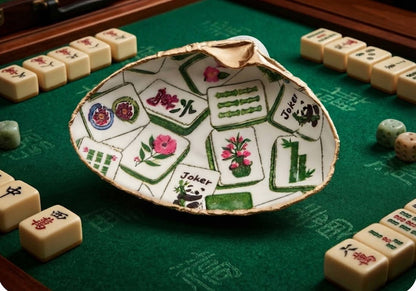Green Tiles / Gold / Small Clam Mahjong Dice Dish - Decoupage: