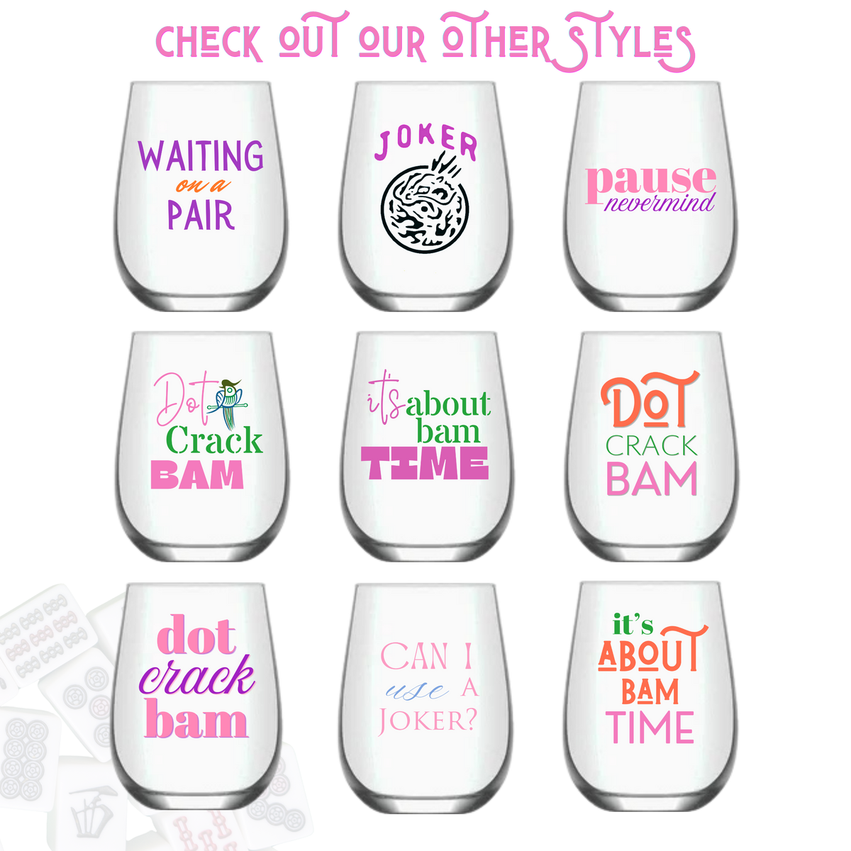 "Dot Crack Bam"Mahjong Stemless 4ct Set Wine Glasses