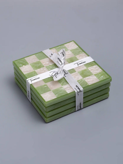 Tiramisu - Green Check Resin Coaster Set of 4