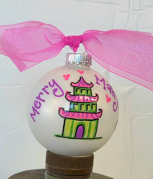 Kirsten in Color - Merry  Mahjong hand painted glass ornament: Coordinating Bow / Clear box / Small