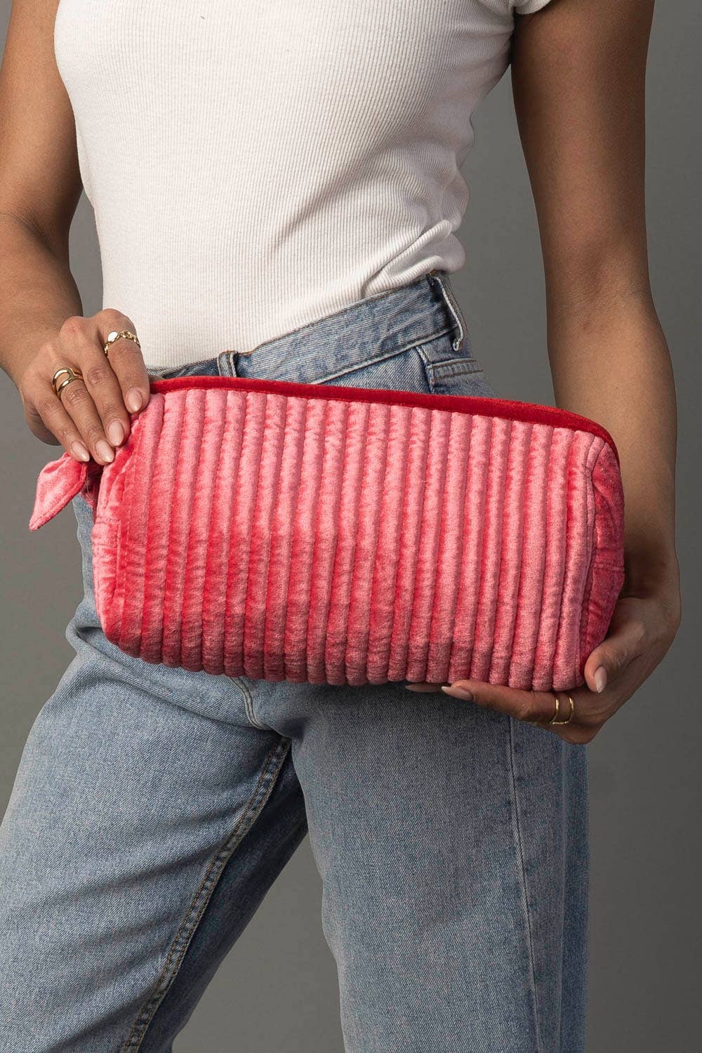Pink & Red Velvet Ribbed Travel Pouch
