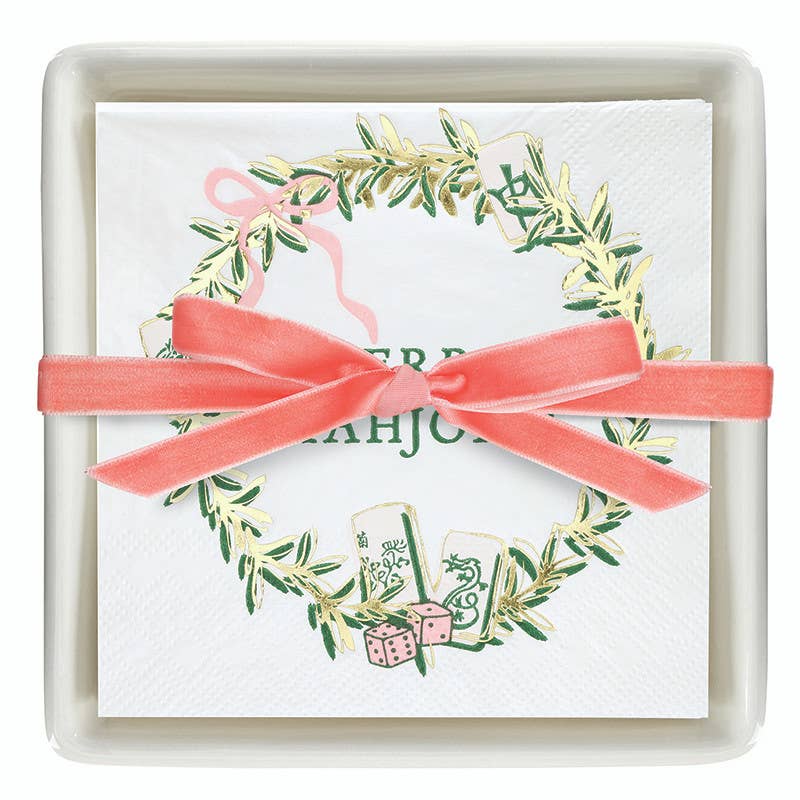 Santa Barbara Design Studio by Creative Brands - Ceramic Napkin Tray + Napkins - Merry Mahjong: 16 oz, 4.5" H