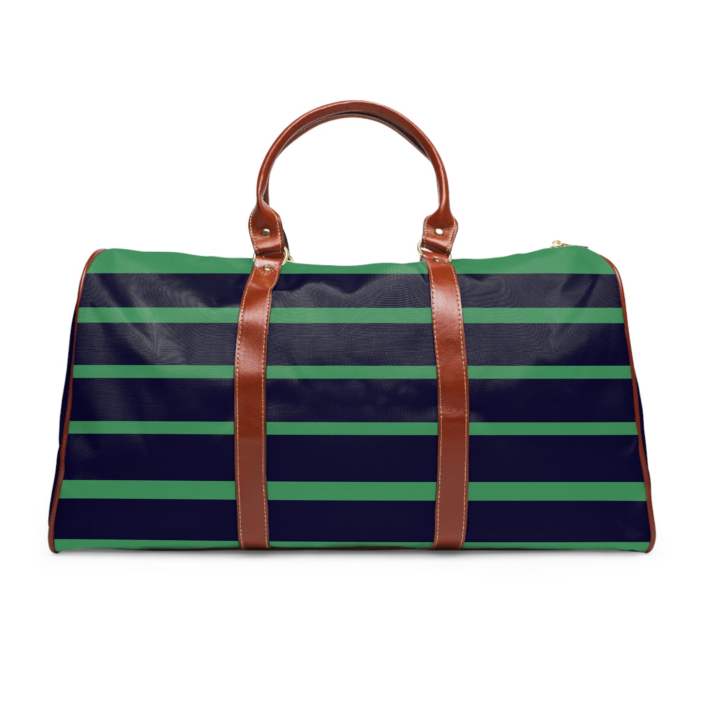Striped Waterproof Travel Bag — Navy & Green Duffle with Leather Handles