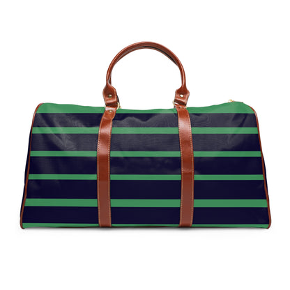 Striped Waterproof Travel Bag — Navy & Green Duffle with Leather Handles