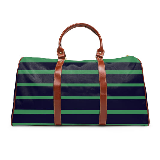 Striped Waterproof Mahj Bag — Navy & Green with Leather Handles