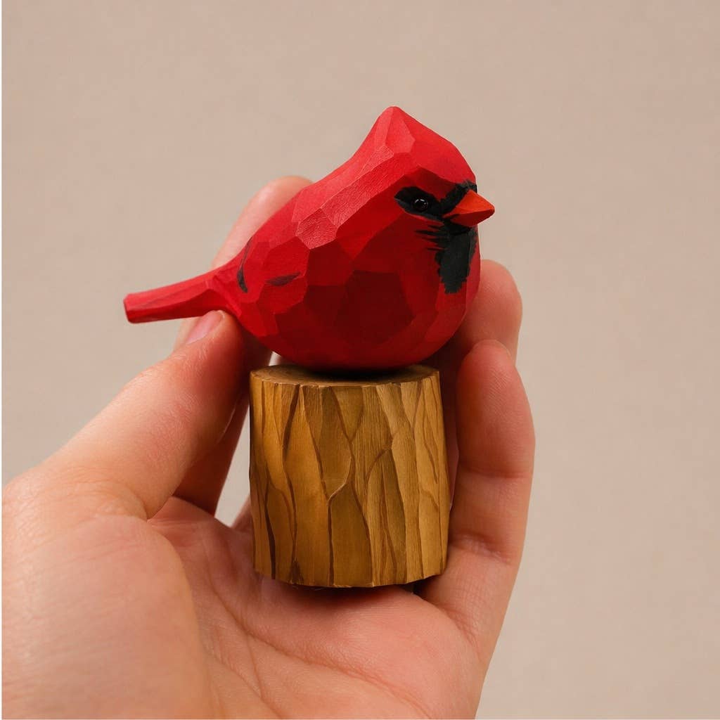 Cardinal on Perch - Hand-Painted Carved Wood Bird