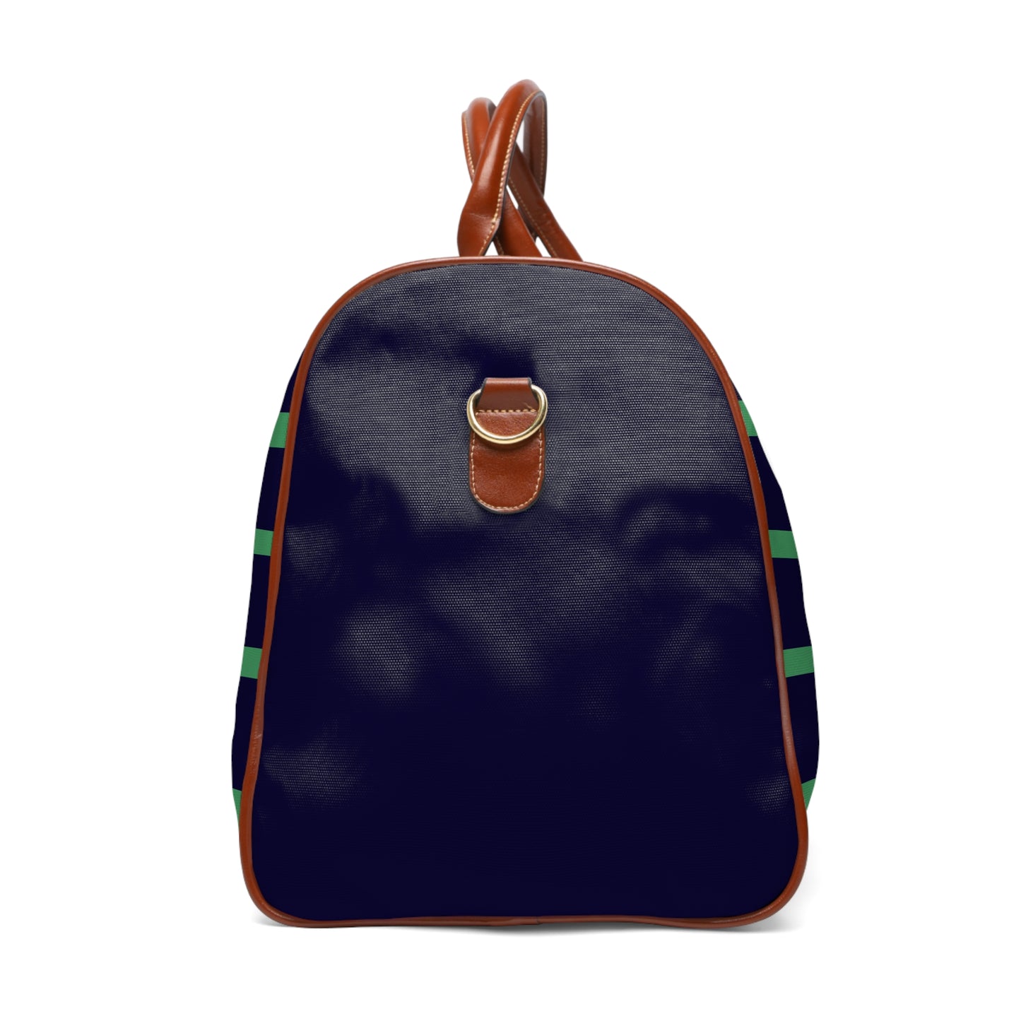 Striped Waterproof Travel Bag — Navy & Green Duffle with Leather Handles
