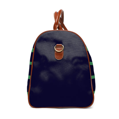 Striped Waterproof Travel Bag — Navy & Green Duffle with Leather Handles