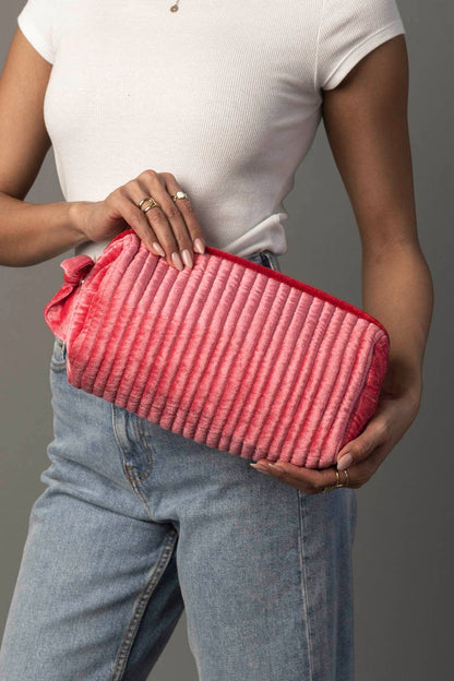Pink & Red Velvet Ribbed Travel Pouch