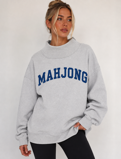 Fleurworld - Mahjong Embroidered Oversized Mock Neck Top: Gray / L