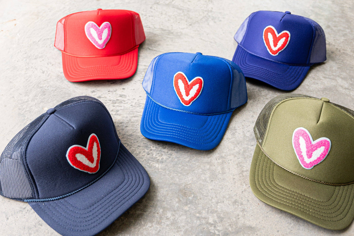 FUZZY PINK PATCH: Royal Blue House of Shan, INC - Imperfect Heart 'Patch' Trucker Hats -