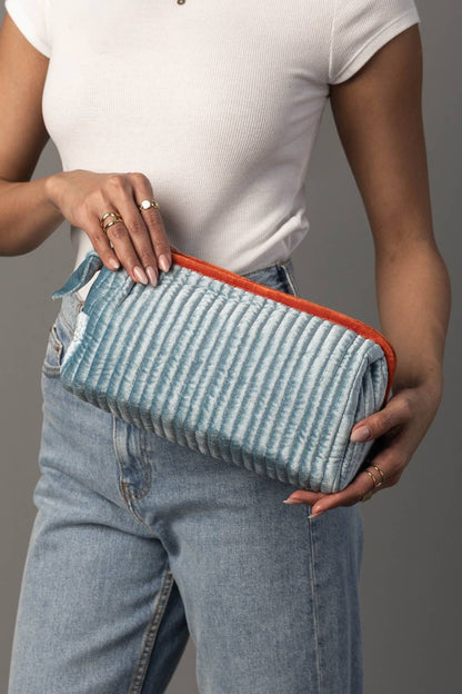 Lt. Blue & Orange Velvet Ribbed Travel Pouch
