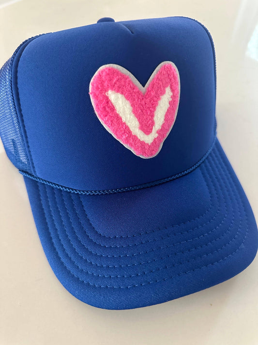 FUZZY PINK PATCH: Royal Blue House of Shan, INC - Imperfect Heart 'Patch' Trucker Hats -