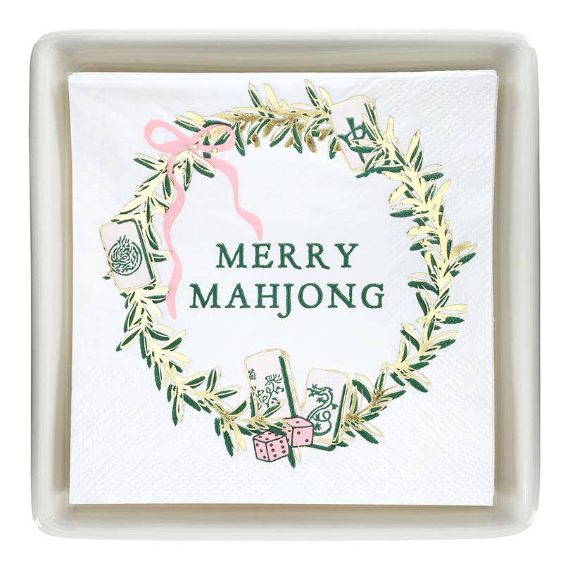 Santa Barbara Design Studio by Creative Brands - Ceramic Napkin Tray + Napkins - Merry Mahjong: 16 oz, 4.5" H
