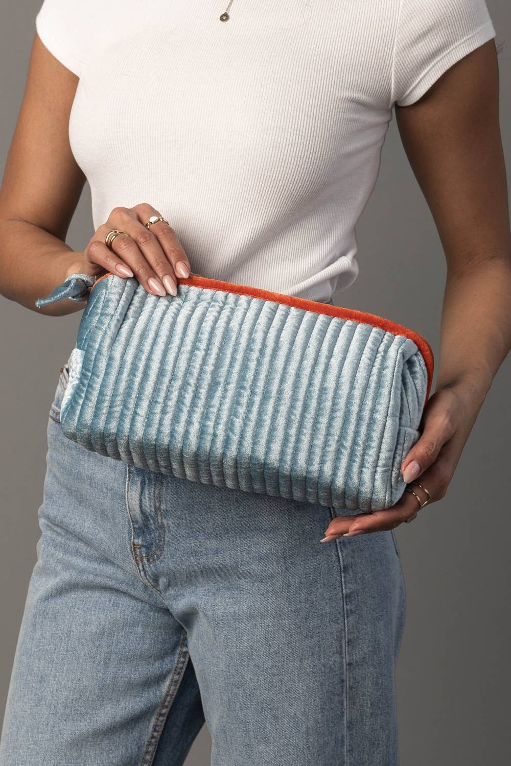 Lt. Blue & Orange Velvet Ribbed Travel Pouch