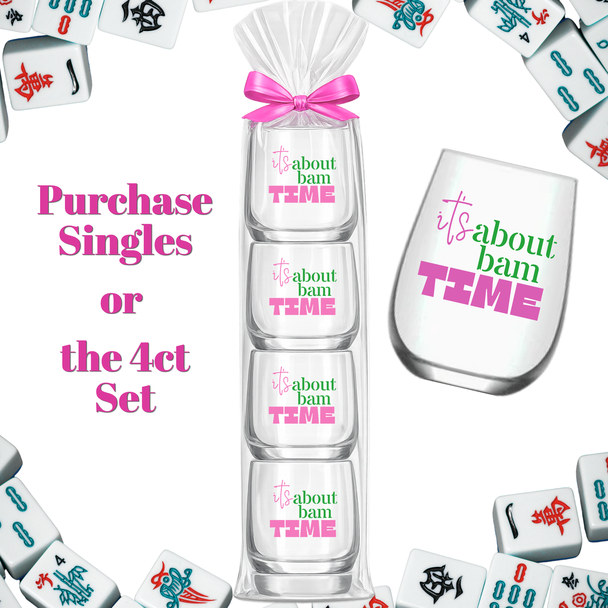 "It's About Bam Time" Mahjong Stemless 4 ct Set Wine Glasses