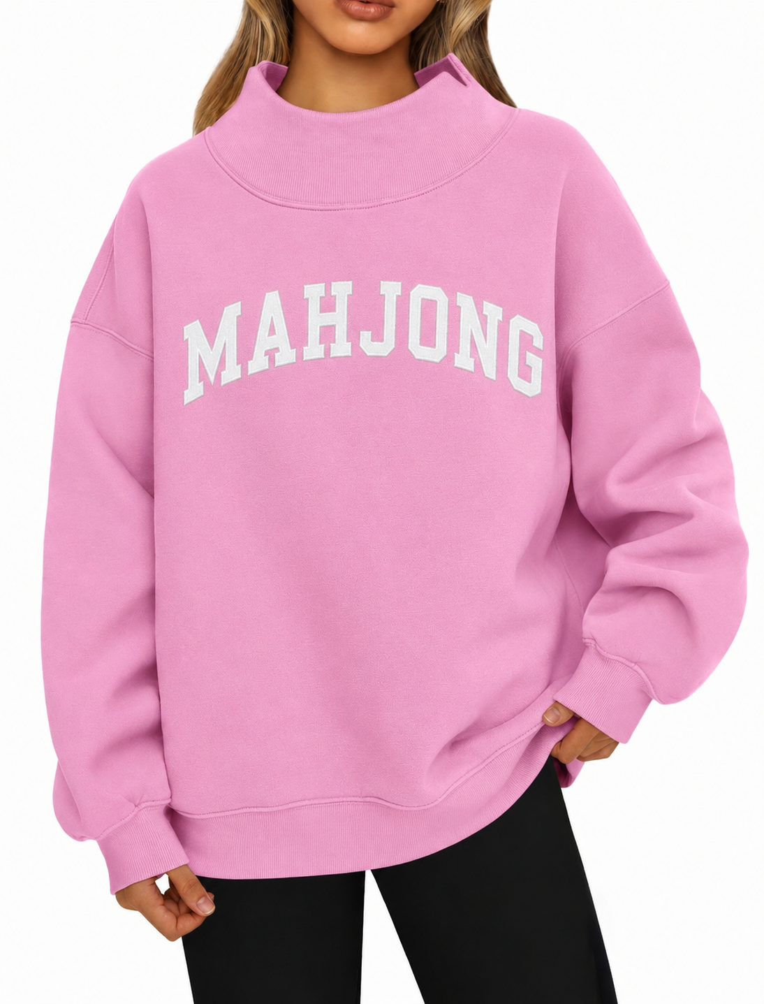 Fleurworld - Mahjong Embroidered Oversized Mock Neck Top: Gray / L