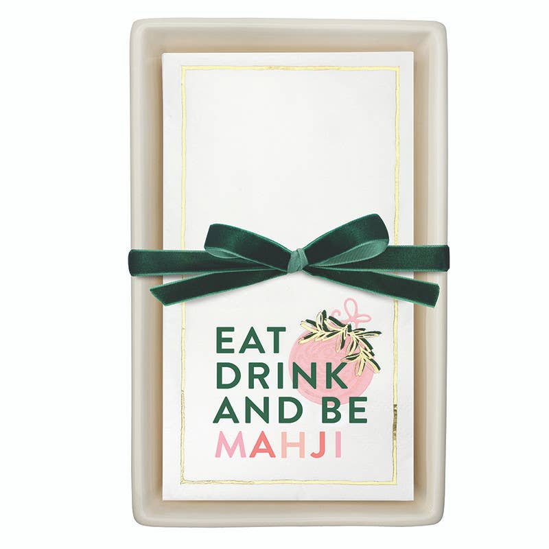 Santa Barbara Design Studio by Creative Brands - Ceramic Guest Napkin Tray + Napkins - Eat Drink and Be Mahji: 17oz, 4.5" H